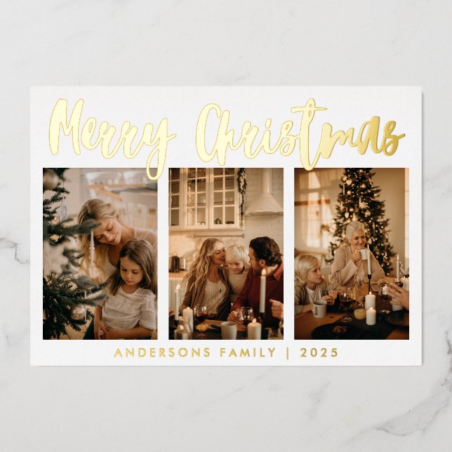 Simple Calligraphy Three Photo Christmas Foil Holi Foil Holiday Card (Front)