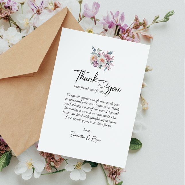 Simple Calligraphy Watercolor Flowers Wedding Thank You Card (Cherish memories with our elegant wedding thank you card, a heartfelt gesture of gratitude.)