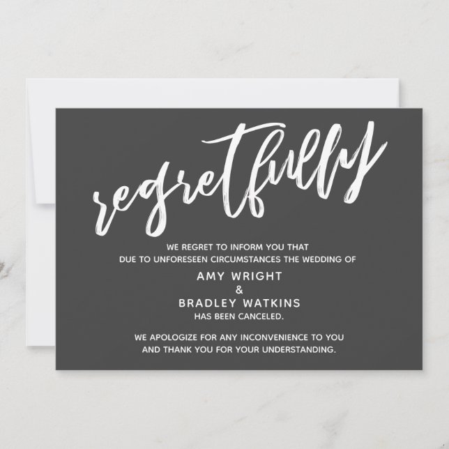 Simple Cancelled Wedding Dark Grey Regretfully Car Invitation (Front)