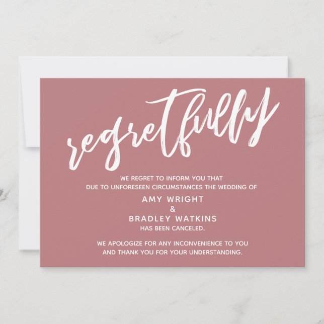 Simple Cancelled Wedding Dusty Rose Regrets Card (Front)