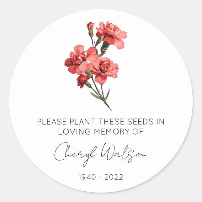 Simple Carnation Memorial Seed Packet Classic Round Sticker (Front)