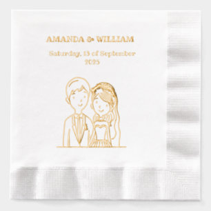 Simple, Cartoon-Iike Spouses Illustration Wedding Foil Napkins