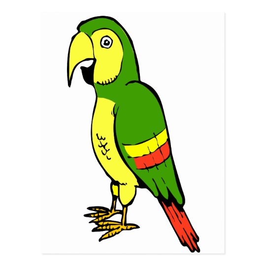 Simple cartoon parrot with yellow and green postcard
