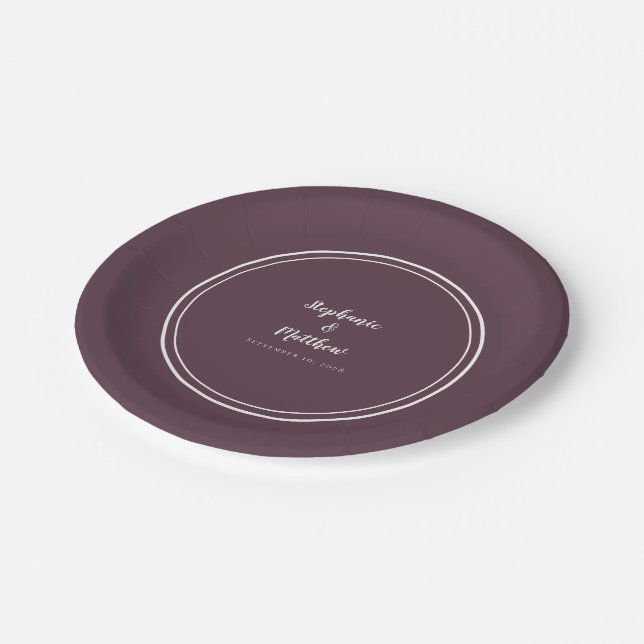 Simple Cassis Purple Modern Bride & Groom Wedding Paper Plate (Angled)