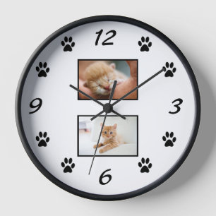 Simple Cat Paw Print Pet 2 Photo Collage Clock