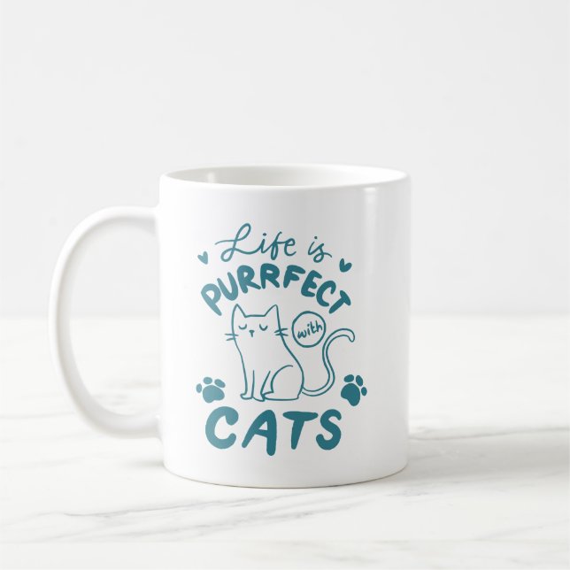 Simple Cat Quote Charming Paw Print Teal Lettering Coffee Mug (Left)