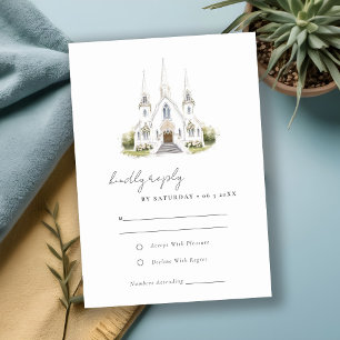 Simple Catholic Watercolor Church Wedding RSVP Card