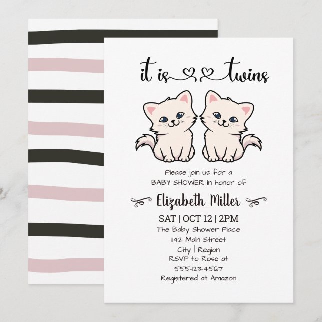 Simple Cats Twin Boy Girl Baby Shower Invitation (Front/Back)