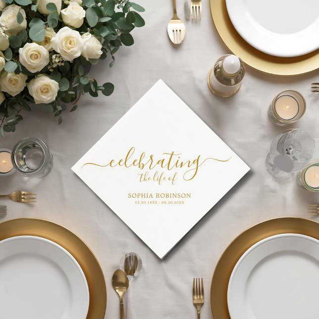 Simple Celebrating The Life Gold Script Funeral Napkin (Creator Uploaded)