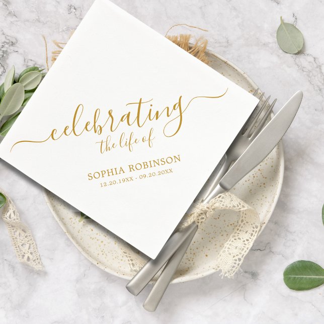 Simple Celebrating The Life Gold Script Funeral Napkin (Creator Uploaded)