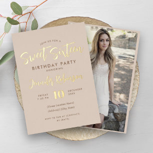 Simple Champagne Gold Photo Sweet 16 Sixteen