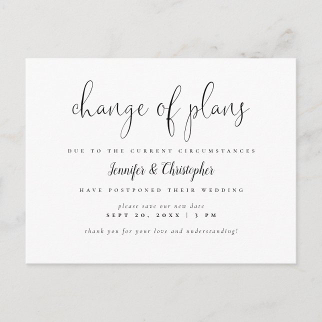 Simple Change Of Plans Script Wedding Postponement Invitation Postcard (Front)