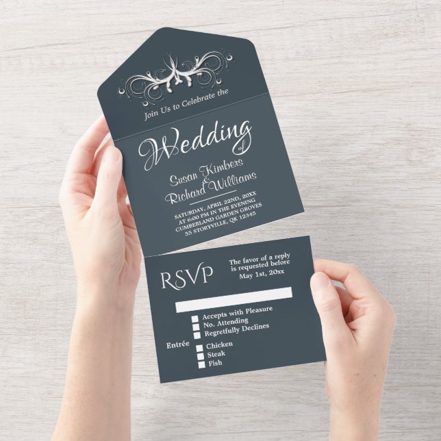  Simple Charcoal and White Tri Fold w Rsvp Wedding All In One Invitation (Tearaway)