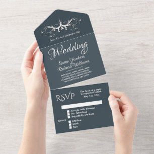  Simple Charcoal and White Tri Fold w Rsvp Wedding All In One Invitation
