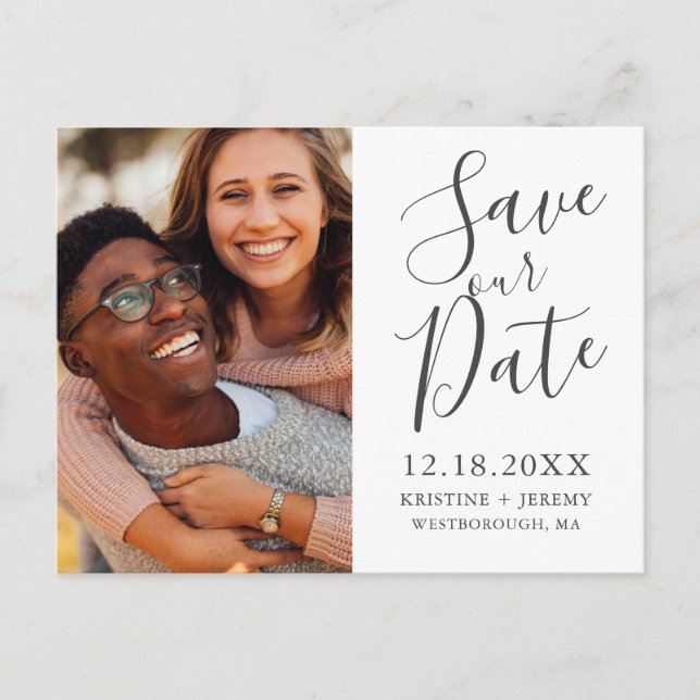 Simple Charcoal Grey Script Photo Save Our Date Announcement Postcard (Front)