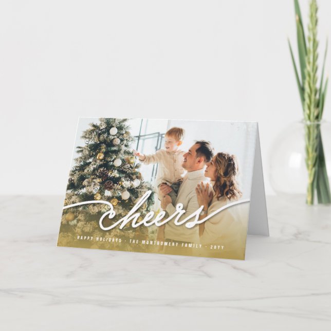 Simple Cheers Calligraphy Script Gold Ombre Photo Holiday Card (Front)