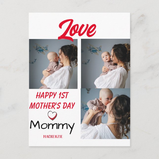 Simple & Chic 1st Mother Days Gift 3 Photo Collage Holiday Postcard (Front)