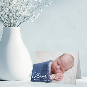 Simple Chic Baby Photo White Script Overlay Thank You Card