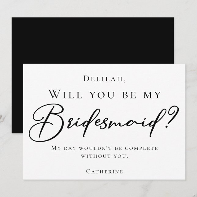 Simple Chic Black Script Will You Be My Bridesmaid Invitation (Front/Back)