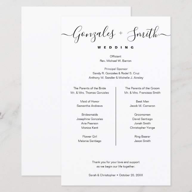 Simple Chic Black White Custom bridal party list (Front/Back)