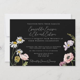Simple Chic Black Wild Flower Garden Wedding  Invitation