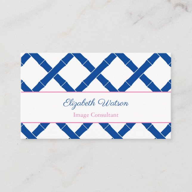 Simple Chic Blue And White Bamboo Trellis Business Card (Front)
