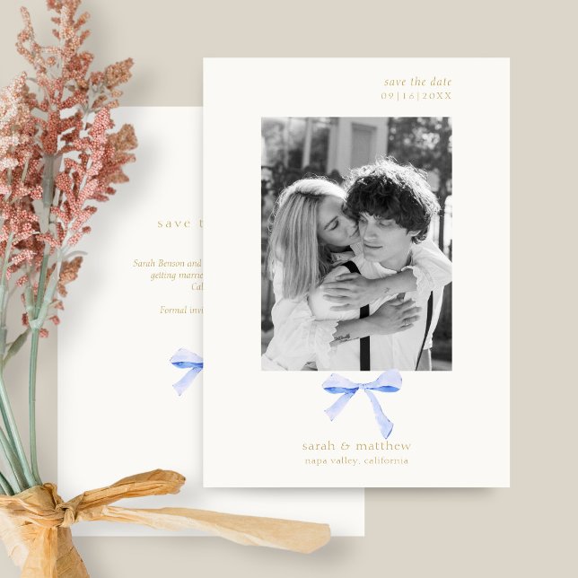 Simple Chic Blue Ribbon | Off White Save the Date Invitation (Creator Uploaded)