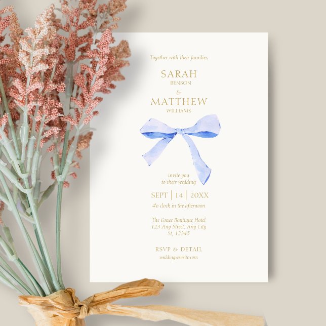 Simple Chic Blue Ribbon | Off White Wedding  Invitation (Creator Uploaded)