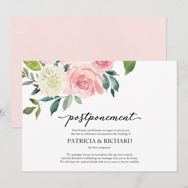 Simple Chic Blush Floral Wedding Postponement Invitation (Front/Back)