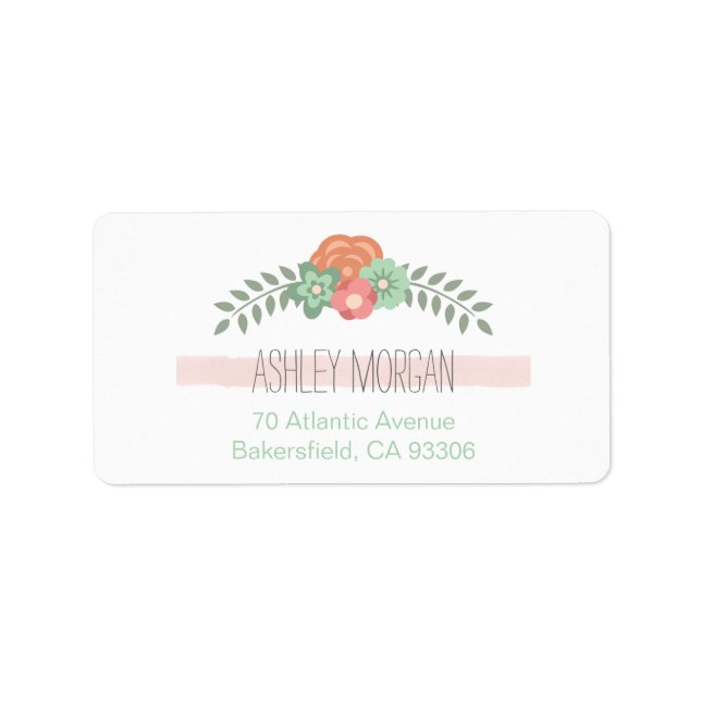 Simple Chic Blush Pink Stripe Mint Green Flowers Label (Front)
