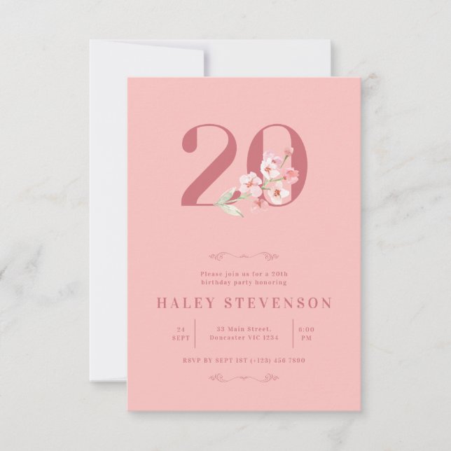 Simple Chic Blush Pink White Floral 20th Birthday Invitation (Front)