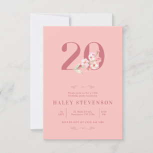 Simple Chic Blush Pink White Floral 20th Birthday Invitation