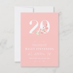 Simple Chic Blush Pink White Floral 20th Birthday Invitation