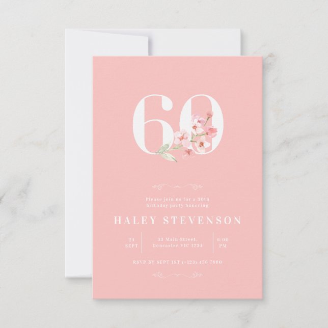 Simple Chic Blush Pink White Floral 60th Birthday Invitation (Front)