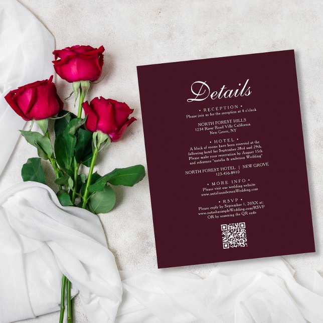 Simple Chic Burgundy Red QR Code Wedding Details Enclosure Card (Creator Uploaded)