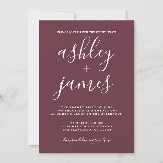 Simple Chic Calligraphy Burgundy Wedding Invitation (Front)