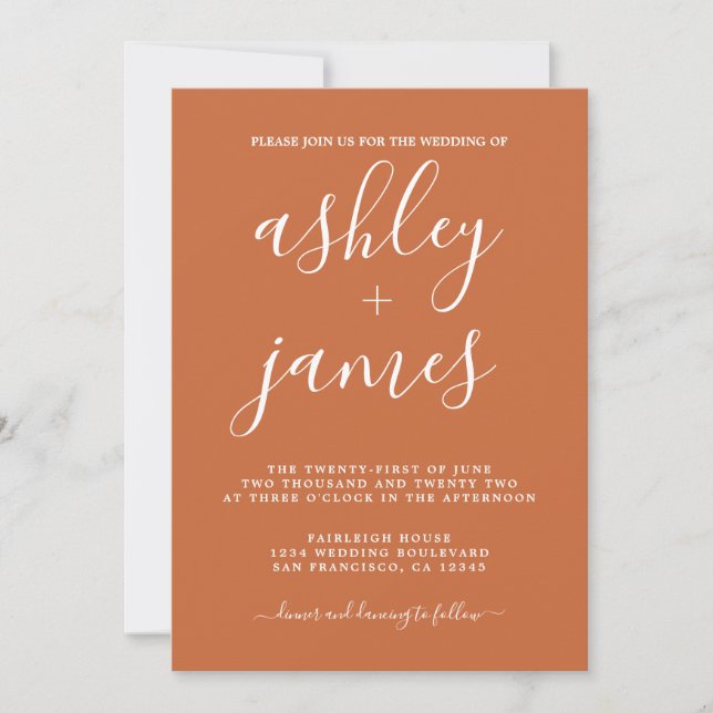 Simple Chic Calligraphy Burnt Orange Wedding Invitation (Front)