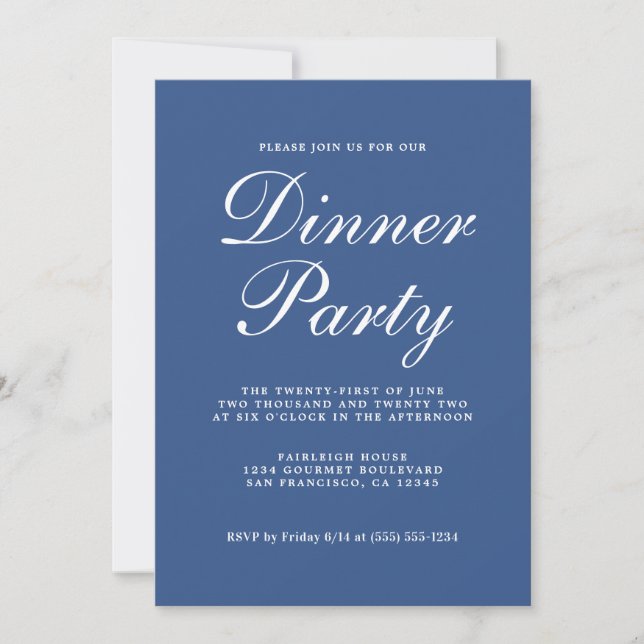 Simple Chic Calligraphy Classic Blue Dinner Party Invitation (Front)