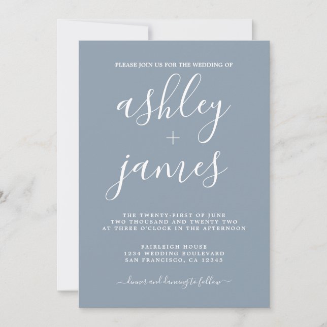 Simple Chic Calligraphy Dusty Blue Wedding Invitation (Front)