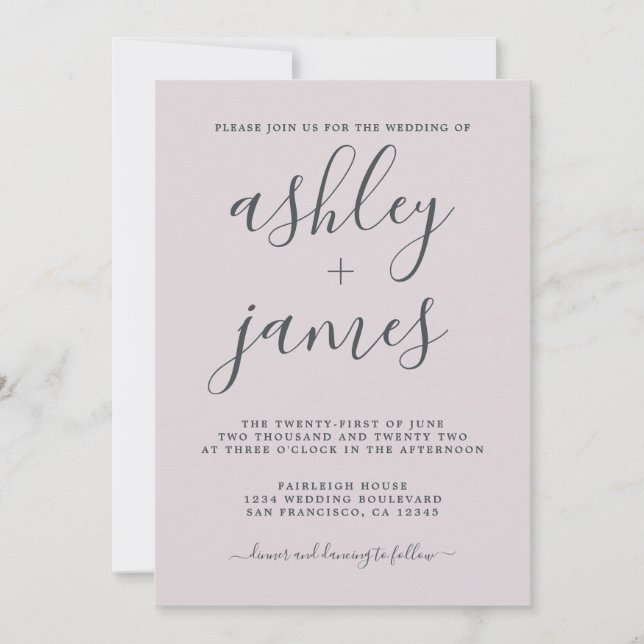 Simple Chic Calligraphy Pastel Purple Wedding Invitation (Front)
