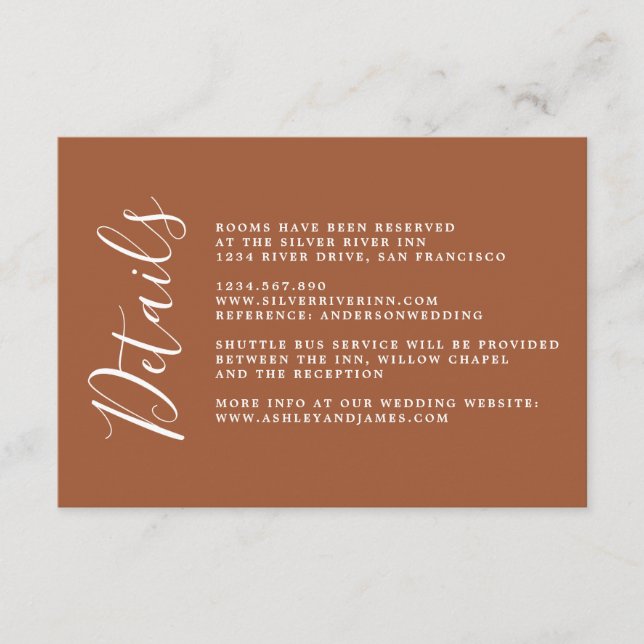 Simple Chic Calligraphy TerraCotta Wedding Details Enclosure Card (Front)