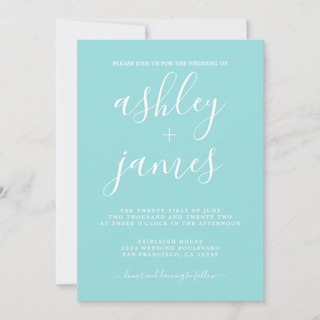 Simple Chic Calligraphy Turquoise Blue Wedding Invitation (Front)
