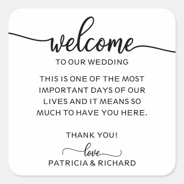 Simple Chic Calligraphy Wedding Welcome Bag Square Sticker (Front)