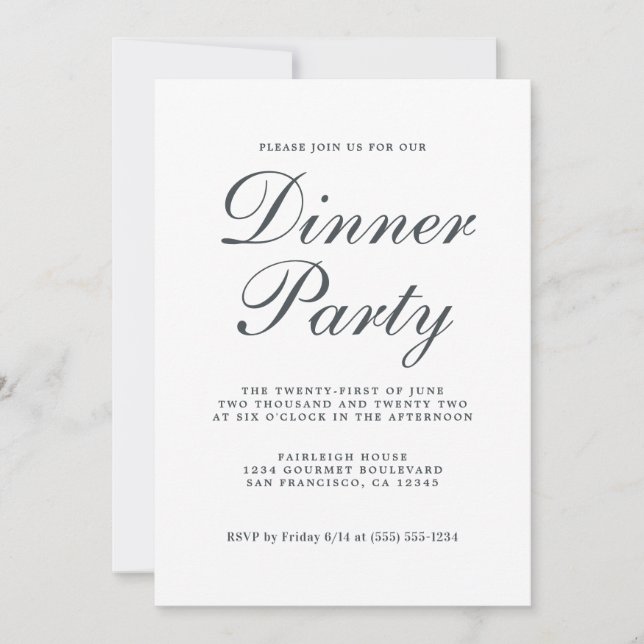 Simple Chic Calligraphy White Dinner Party Invitation (Front)