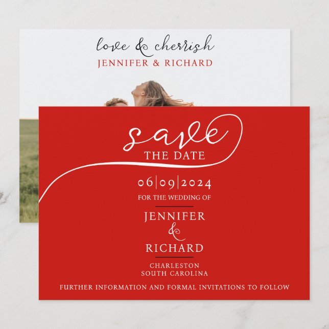 Simple Chic Cherry Red Wedding Calligraphy Photo Save The Date (Front/Back)