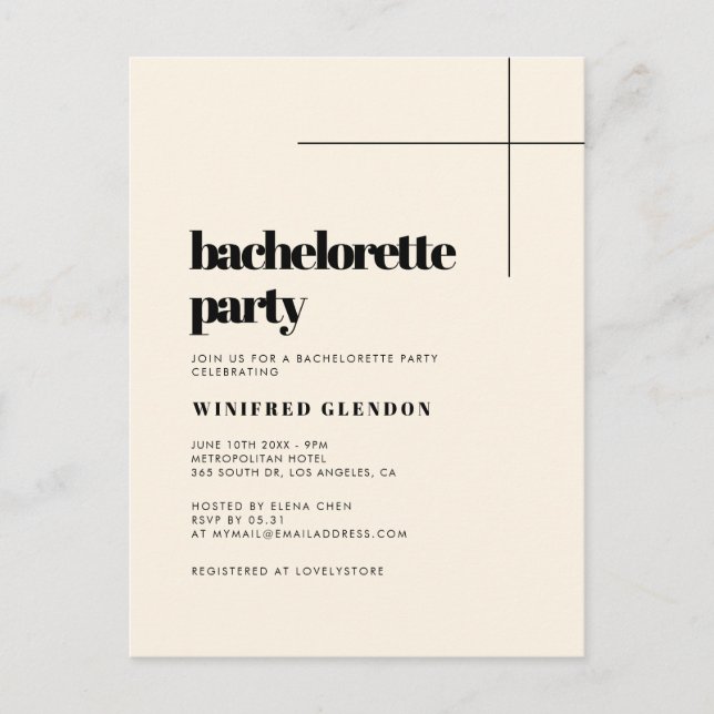 Simple chic Cream Bachelorette party invitation Postcard (Front)