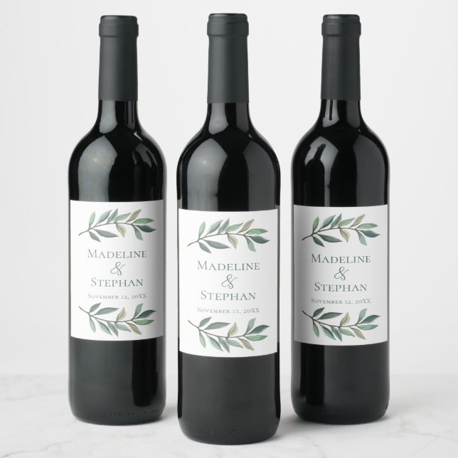 Simple Chic Eucalyptus Leaves Botanical Wedding Wine Label (Bottles)
