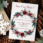 Simple chic floral winter wreath save date wedding save the date<br><div class="desc">Rustic modern elegant winter wedding stylish save the date template card on simple white background featuring a watercolor wreath of red burgundy and white peony roses, seasonal pine green pine boughs, fir branches, red berries and foliage.. Fill in your information in the spots, You can choose to customise it further...</div>