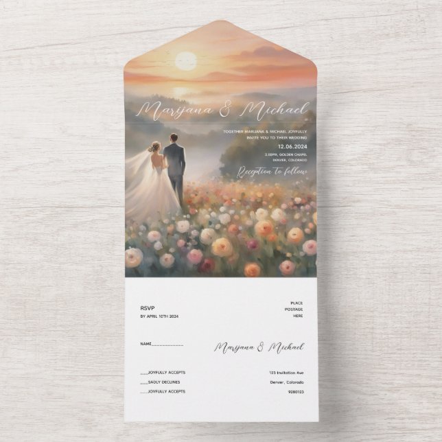 Simple chic flower sunrise wedding all in one invitation (Inside)