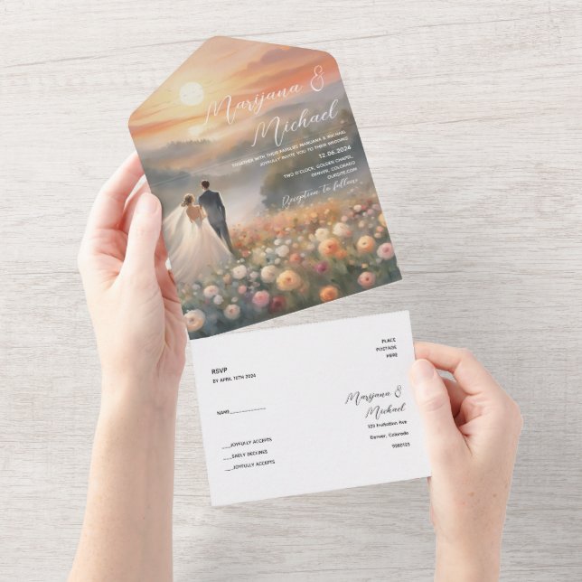 Simple chic flower sunrise wedding all in one invitation (Tearaway)